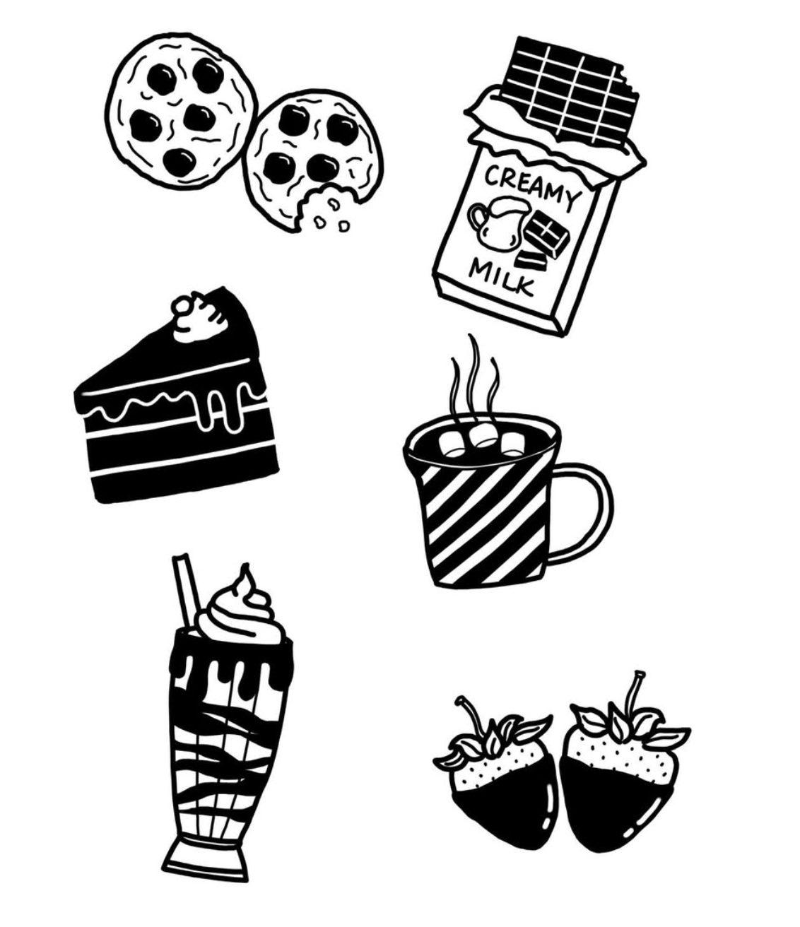 A set of bold black-and-white dessert doodles
