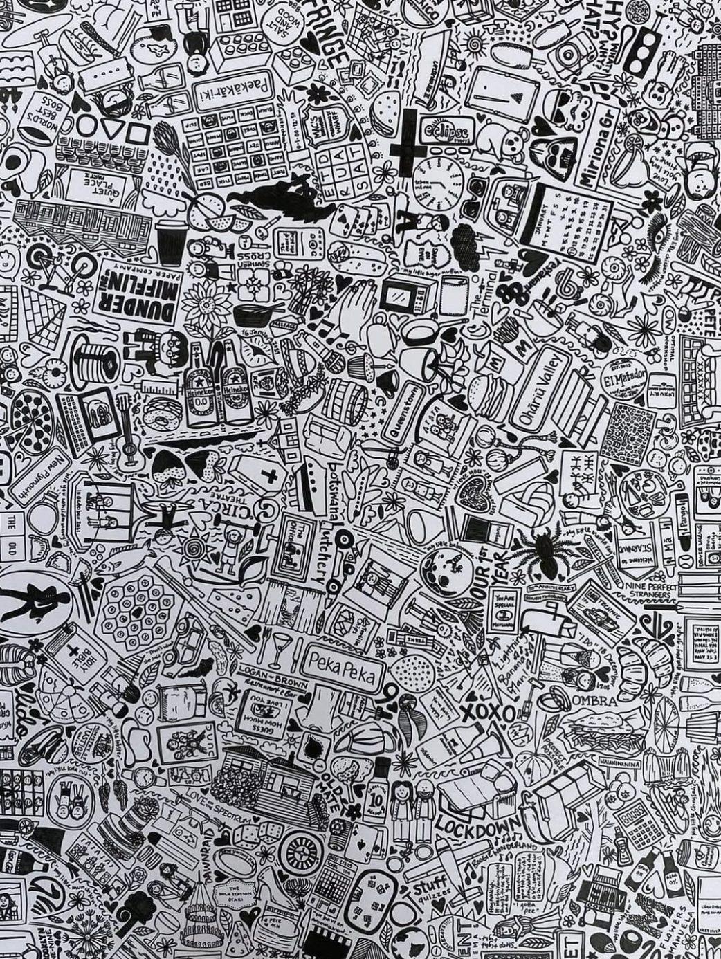 A dense black-and-white 'memory map' by Ashleigh — dozens of a couple's memories drawn as tiny doodles filling one artwork